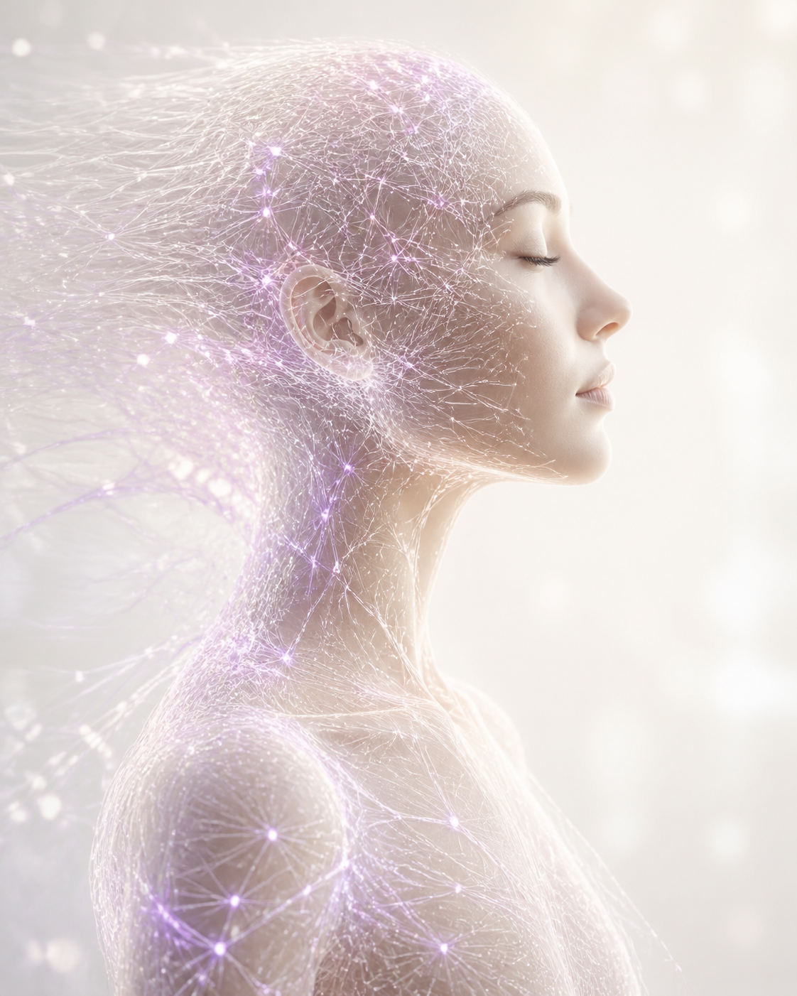 A serene human profile formed from pearl and lavender signals flowing through mind and body