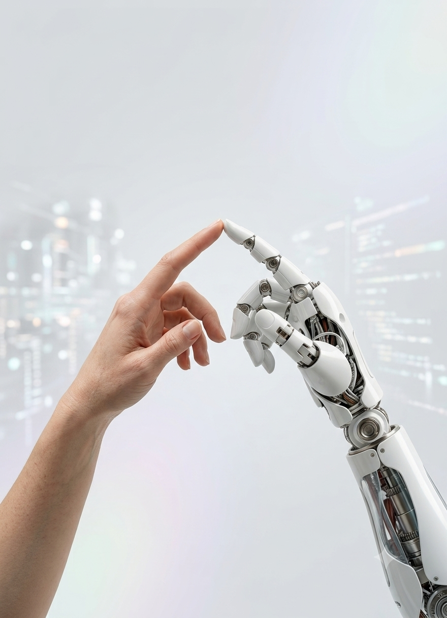 A human hand and a white robotic hand reaching toward each other, fingertips almost touching